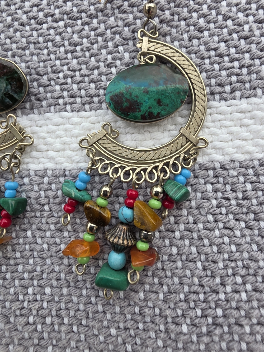 Vintage '70s Turquoise & Green Stone Multicolor Boho Dangle Earrings